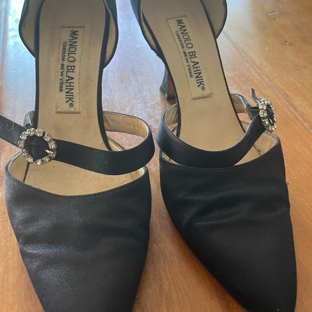 Manolo Blahnik Black Satin Heels with Crystal Buckle